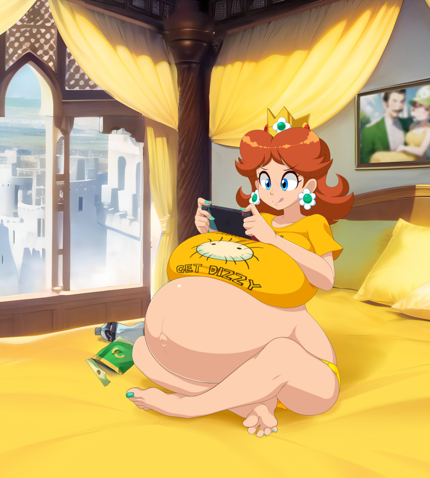 1girls ai_generated_background big_belly blue_eyes breasts brown_hair crown earrings female mario_(series) nintendo nintendo_switch outie_navel panties pregnant princess princess_daisy ready_to_pop saburox solo_female tongue_out yellow_panties