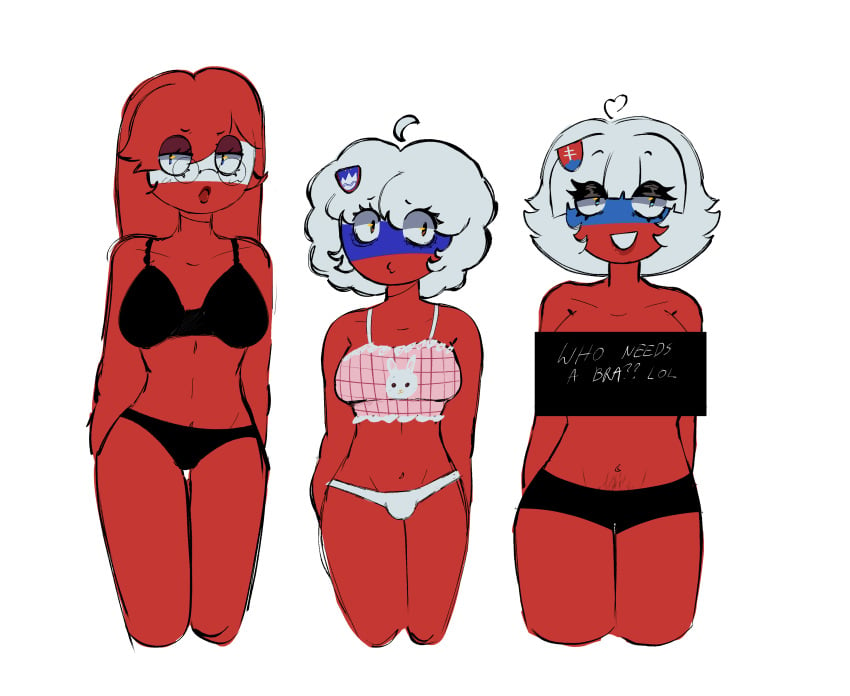 1boy 2girls austria_(countryhumans) breasts countryhumans countryhumans_girl femboy glasses national_personification red_hair rozkurwiacz slovakia_(countryhumans) slovenia_(countryhumans) thighs underwear white_hair