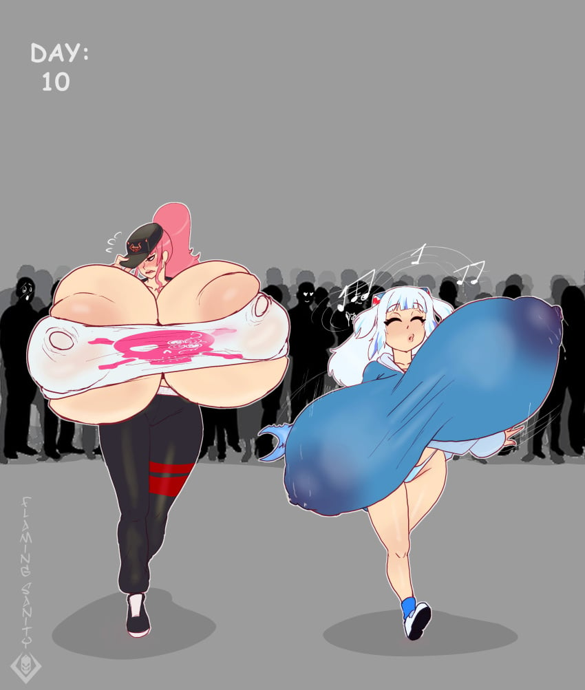 2girls boob_window breasts_bigger_than_head breasts_bigger_than_torso casual casual_nudity clothed disproportional enormous_breasts female flamingsanity gawr_gura hololive hololive_english hololive_myth hololive_no_milk_november hyper_breasts mori_calliope multiple_girls nipples_visible_through_clothing no_bra pink_hair public public_nudity sideass teasing underboob useless_clothing virtual_youtuber