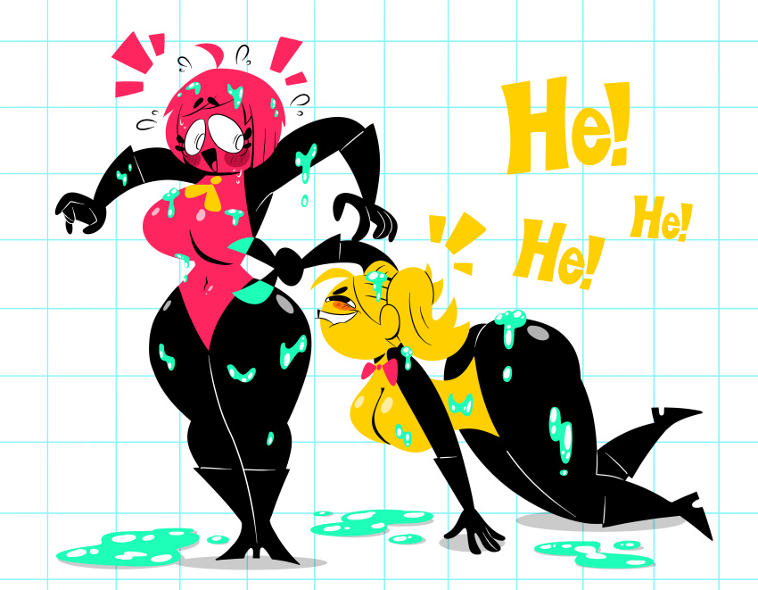 2024 2girls big_breasts clip_(snipperclips) goo laughing mojo_montebon nintendo no_outlines pink_body rule_63 scissors snip_(snipperclips) snipperclips tagme thick_ass thick_thighs yellow_body