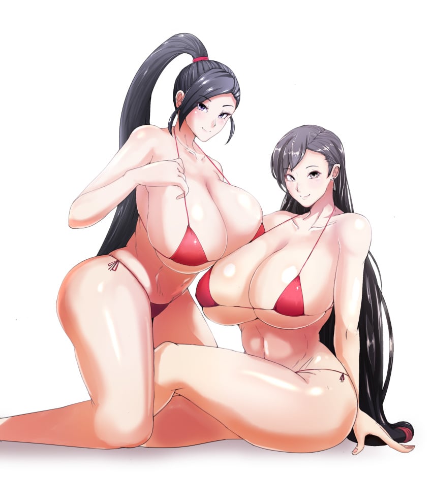 2girls absurdres bad_id bad_pixiv_id bare_arms bare_legs bare_shoulders big_hands bikini black_eyes black_hair breasts cleavage commentary_request crossover curvaceous curvy dragon_quest dragon_quest_xi earrings female_only final_fantasy final_fantasy_vii full_body half-closed_eyes high_ponytail highres human_only jade_(dq11) jewelry kneeling large_breasts large_hands legs long_hair looking_at_viewer low-tied_long_hair multiple_girls ponytail red_bikini romo_(samesameyeah) same_clothing samesameyeah side-tie_bikini side-tie_bikini_bottom simple_background sitting skindentation smile swimsuit tifa_lockhart underboob very_long_hair voluptuous white_background