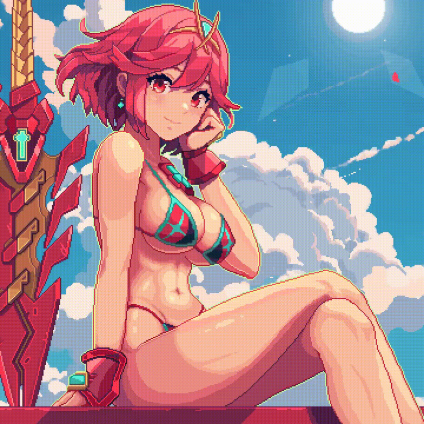 1girls alternate_costume alternate_version_available animated big_breasts bikini bikini_bottom bikini_top blinking blonde_hair breasts cleavage female female_only hair hair_ornament hips huge_breasts itzah micro_bikini nails nintendo pixel_animation pixel_art pyra red_bikini red_eyes short_hair sitting smile solo solo_female swimwear topwear xenoblade_(series) xenoblade_chronicles_2