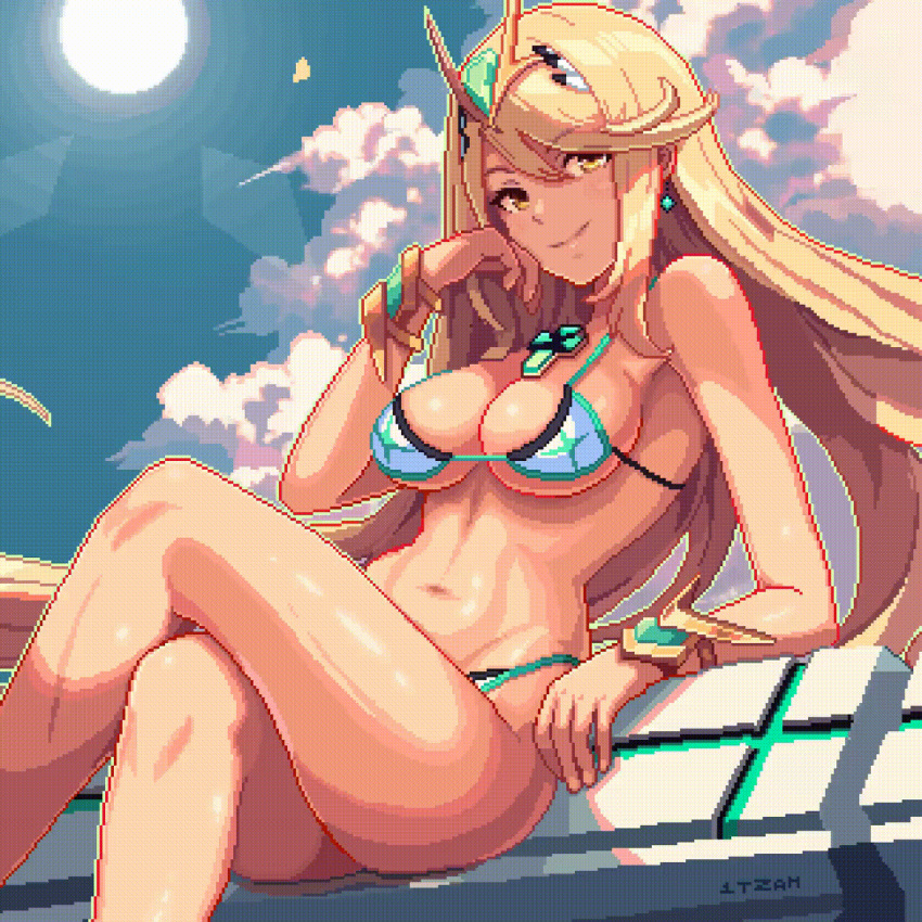 1girls alternate_costume alternate_version_available animated big_breasts bikini bikini_bottom bikini_top blinking blonde_hair breasts cleavage curvaceous curvaceous_hips curvy curvy_female curvy_figure female female_only hair hair_ornament hips huge_breasts itzah long_hair micro_bikini mythra nails pixel_animation pixel_art sitting smile solo solo_female swimwear topwear white_bikini xenoblade_(series) xenoblade_chronicles_2 yellow_eyes