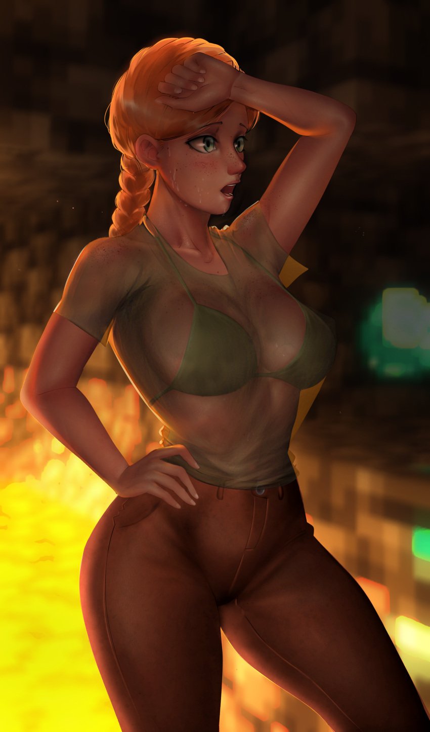 alex_(minecraft) big_breasts body_freckles bra braid braided_hair cave clothed diamond female female_only freckles green_eyes hand_on_hip jopaosla lava minecraft orange_hair ponytail red_hair see-through see-through_clothing sweat sweating sweaty tight_pants transparent_clothing wet_clothes wet_shirt wiping_forehead wiping_sweat