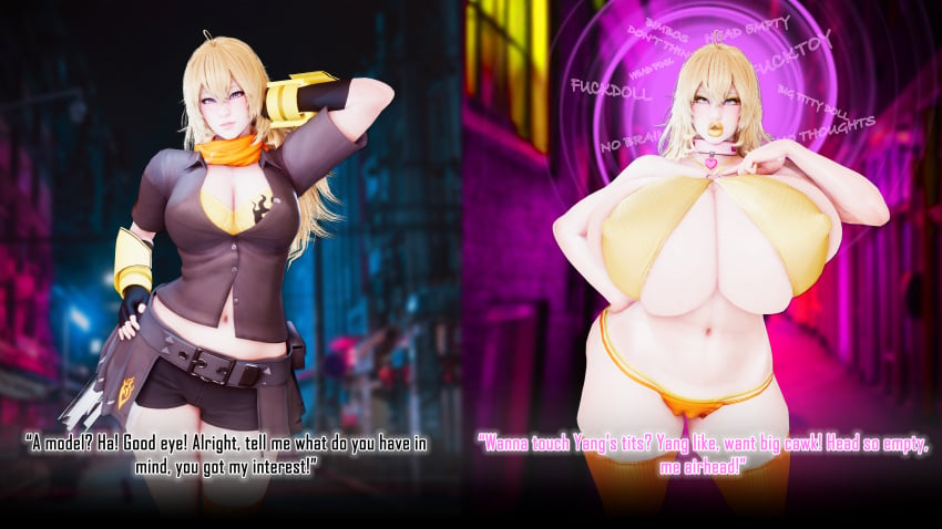 1girls 3d arcrad big_breasts bimbo bimbo_body bimbo_lips bimbofication blonde_hair brainwashed brainwashing breast_expansion breasts busty cleavage collar curvaceous curvy curvy_body curvy_female english english_text female hand_on_hip huge_breasts large_breasts lips lipstick long_hair midriff navel purple_eyes rwby shorts slutty_outfit text thick_lips thighhighs voluptuous wide_hips yang_xiao_long