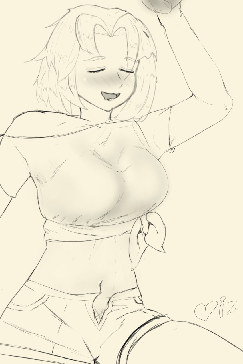 1girls alcohol blush bottle closed_eyes crop_top drooling drunk female_pubic_hair greyscale limbus_company medium_breasts medium_hair monochrome olga_(library_of_ruina) open_mouth project_moon pubic_hair pubic_hair_peek shorts sitting thick_thighs tied_shirt unzipped