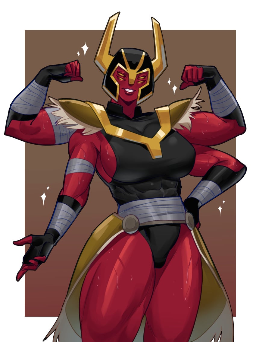 4_arms 4_eyes ben_10 ben_10_omniverse black_hair cartoon_network female helmet large_breasts looking_at_viewer looma_red_wind multi_arm multi_eye multi_limb muscular muscular_female red_body red_skin skullworms solo tetramand