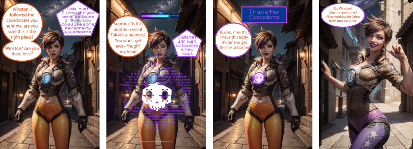 1girls ai_generated bookoflustfan english_text female female_only hacking overwatch overwatch_2 personality_change possessed possession purple_eyes purple_lipstick sequential solo sombra tagme tech_control text tracer