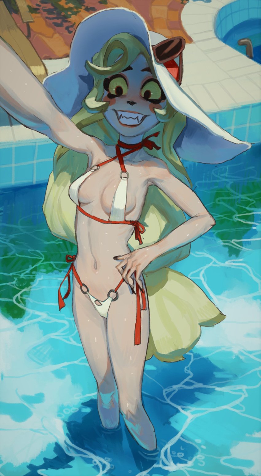 absurdres big_butt bikini black_eyes black_nails blush_stickers breasts charlie_morningstar_(hazbin_hotel) colored_sclera eyewear_on_head fangs female fingernails grin hand_on_own_hip hat hazbin_hotel high-angle_view highres long_fingernails looking_at_viewer mossa mossacannibalis nail_polish navel pool selfie side-tie_bikini_bottom small_breasts smile snout solo standing sun_hat sunglasses swimsuit wading white_bikini white_headwear yellow_sclera