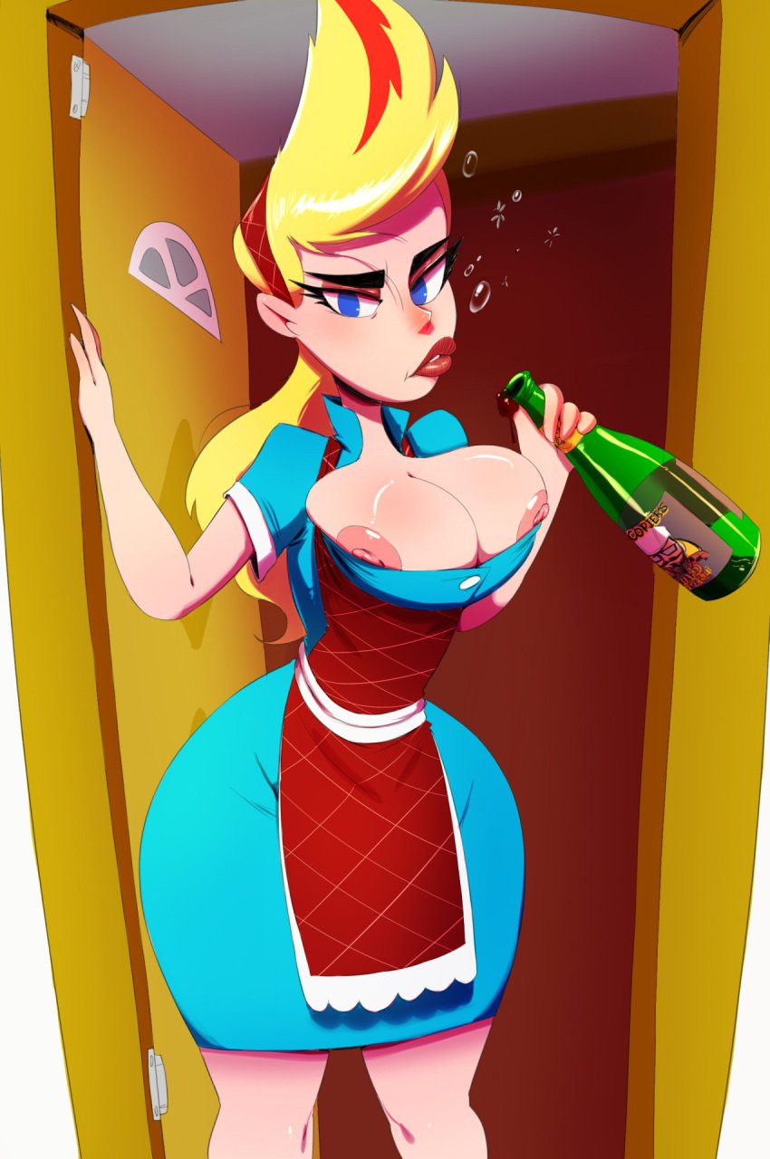 2016 alcohol apron areolae areolae_slip blonde_hair blue_eyes breasts cartoon_network door dress drink drunk drunk_bubble eyebrows eyelashes female human inebriated johnny_test_(series) large_breasts lips lipstick long_hair looking_at_viewer milf mrs._blakely nipple_slip nipples nose shiny shiny_skin solo standing thehumancopier thick_lips wardrobe_malfunction wine_bottle