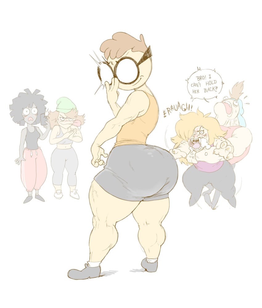 2boys 3girls ass big_ass black_eyes black_hair blonde_hair blush bottom_heavy brown_hair clothing fat_ass female fully_clothed funny glasses going_feral horny horny_female huge_ass jock_(nerd_and_jock) male male_focus meme muscular muscular_male nerd_(nerd_and_jock) nerd_and_jock_(webcomic) open_mouth phone sirartwork smile taking_picture text text_box thick_ass thick_thighs tiger_(nerd_and_jock) tongue tongue_out wide_hips