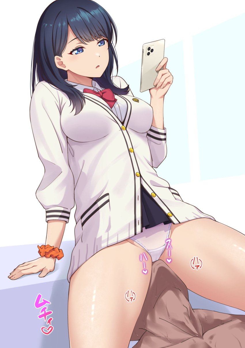 1boy black_hair blue_eyes bored_female_excited_male bow bowtie breasts cardigan collared_shirt cowgirl_position cunnilingus cunnilingus_through_clothes emotionless_sex english_commentary facesitting female gridman_universe highres holding holding_phone large_breasts long_hair long_sleeves looking_at_phone male male/female mibushiro mixed-language_commentary multitasking oral orange_scrunchie panties partially_unbuttoned phone red_bow red_bowtie school_emblem school_uniform scrunchie shirt simple_background sitting sitting_on_face sitting_on_person ssss.gridman straight straight_hair takarada_rikka textless_version underwear uninterested white_cardigan white_panties white_shirt wing_collar wrist_scrunchie