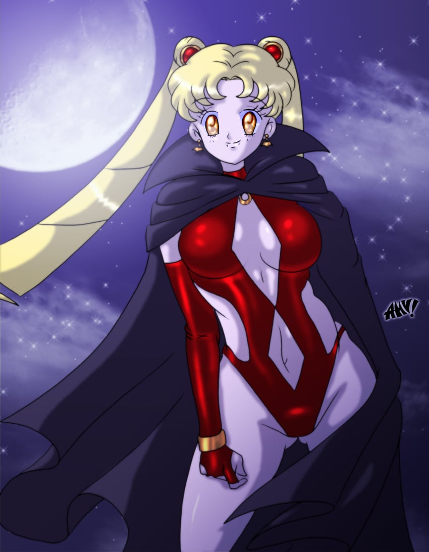 bishoujo_senshi_sailor_moon cape cleavage clothing corruption desingahv elbow_gloves fangs implied_transformation large_breasts leotard midriff navel pale_skin post_transformation small_breasts takeover thick_thighs transformation usagi_tsukino vampire wide_hips