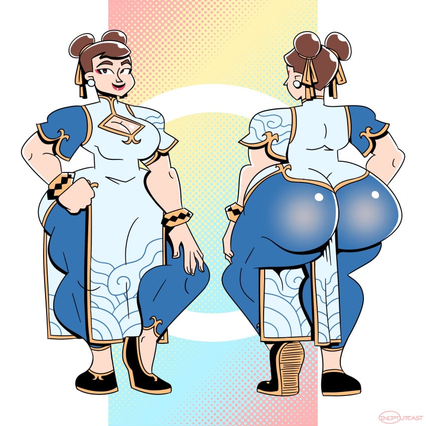 1girls big_ass bottom_heavy bracelet brown_hair capcom china_dress chun-li dress_between_buttocks earrings eyeliner female flats huge_ass ineptoutcast lipstick slippers smile street_fighter street_fighter_6 thick_thighs wedgie wide_hips yoga_pants