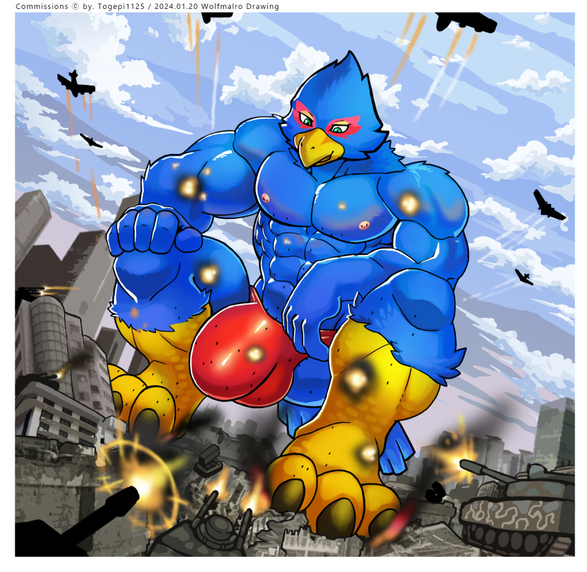 aircraft airplane anthro avian beak bird blue_body bulge city clothing crouching destruction detailed_bulge explosion falco_lombardi feathers green_eyes hi_res jet macro male muscular muscular_male nintendo speedo star_fox swimwear tank vehicle wolfmalro