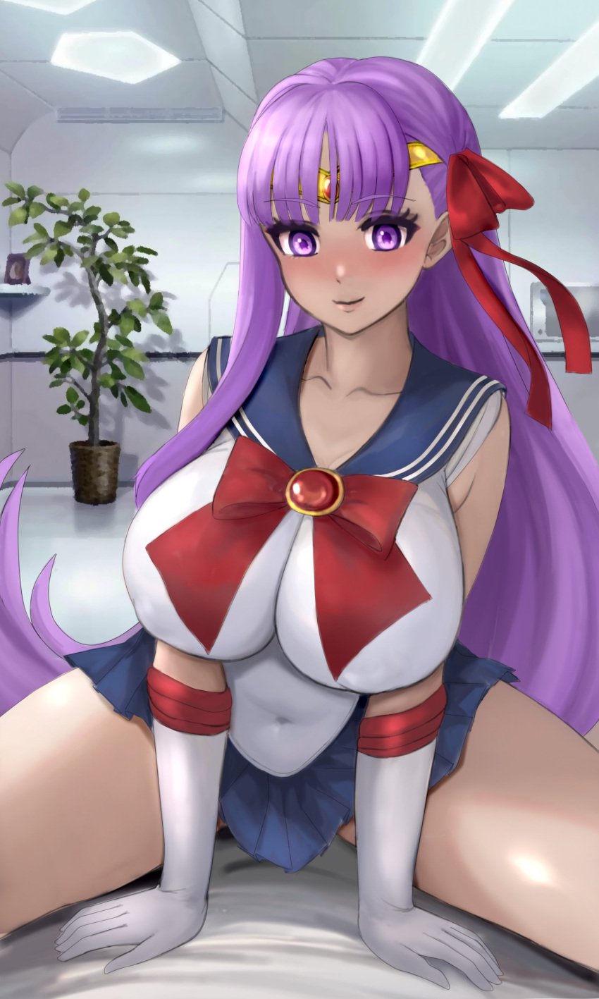 1girls bb_(fate) bishoujo_senshi_sailor_moon breasts clothing cosplay fate/grand_order fate_(series) female hi_res hips huge_breasts indoors large_breasts long_hair naughty_face purple_eyes purple_hair raskasar sailor_moon_(cosplay) skirt thick_thighs thighs wide_hips