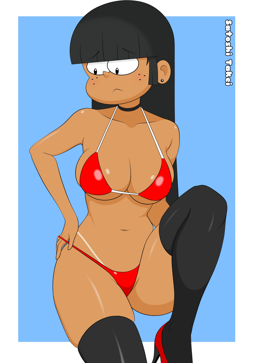 1girls alternate_version_available big_breasts bikini black_hair christmas freckles freckles_on_face high_heels long_hair maggie_(the_loud_house) nickelodeon red_bikini satoshi_takei stockings tan-skinned_female tan_body tan_skin tanline tanlines the_loud_house