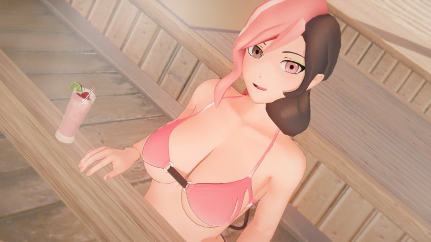 1girls 3d big_breasts bikini breasts brown_eyes brown_hair busty cleavage confident drink female highres large_breasts legs looking_at_viewer makeup navel neo_(rwby) nyxxzeiss pink_eyes pink_hair rwby sensual smile solo swimsuit thighs