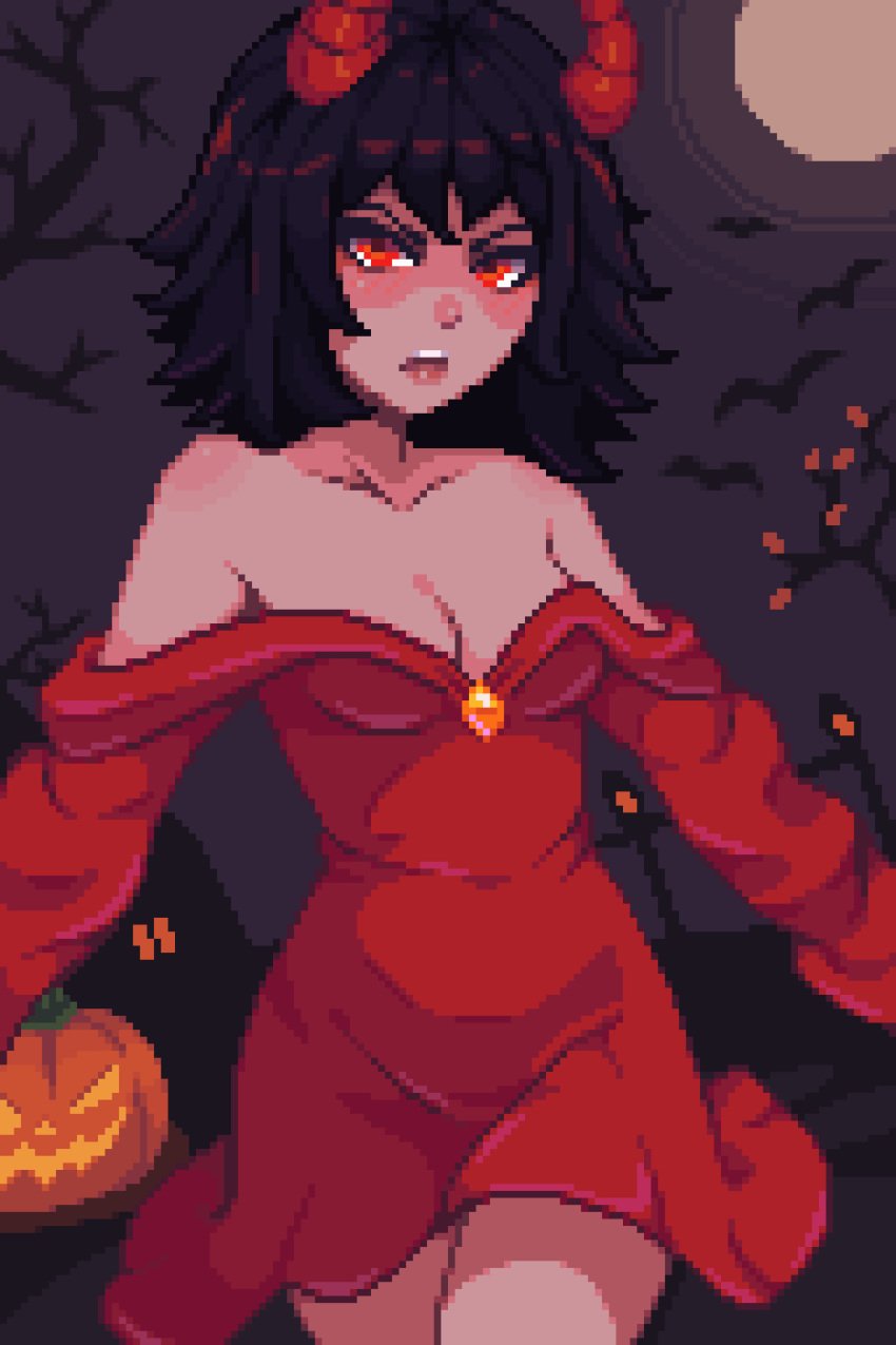 2020s 2023 annoyed_expression autumn bare_shoulders bats black_hair cleavage collarbone devil_costume devil_horns dress full_moon halloween halloween_costume jack-o'-lantern kari_kozhevnikova night pixel_art red_eyes revealing_dress short_hair thighs tomboy tree yumykon yumyverse