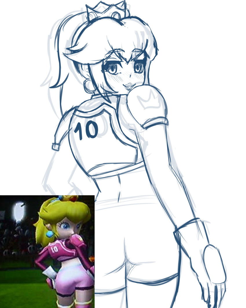 1girls ass ball big_ass breasts gloves hand_on_hip highres large_breasts legs looking_at_viewer looking_back mario_(series) mario_strikers midriff monochrome nintendo pink_shorts ponytail pose posing princess princess_peach seductive seductive_smile sensual shorts smile soccer_ball soccer_uniform solo sportswear sweat thighs white_shorts zukupow