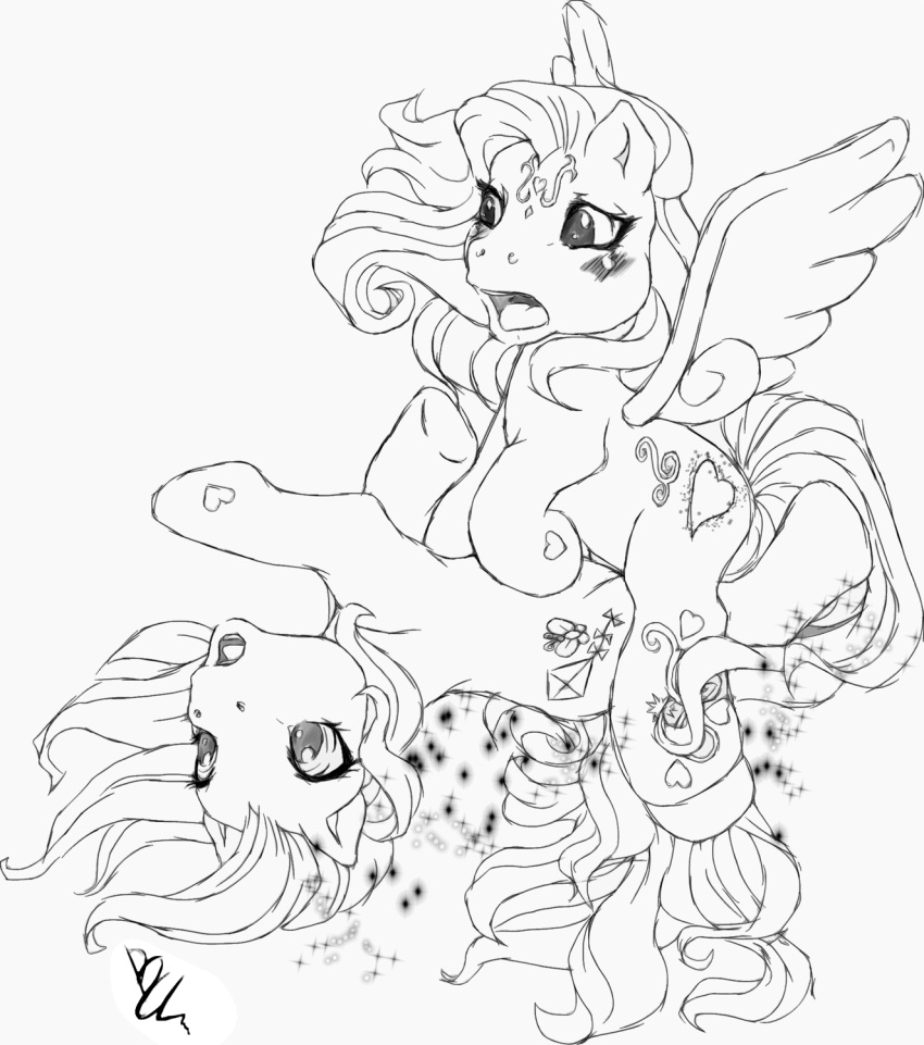 a_very_pony_place bcs cutie_mark equine female female_only flying horse monochrome multiple_females my_little_pony pegasus sketch skywishes star_catcher straight_hair upside-down yuri