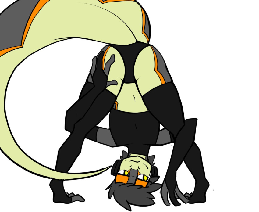 anthro ass big_tail bottomwear clothed clothing colored evening_gloves headphones jack_(topazknight) legwear lizard male navel presenting presenting_hindquarters reptile scalie skimpy solo thigh_highs topazknight topwear