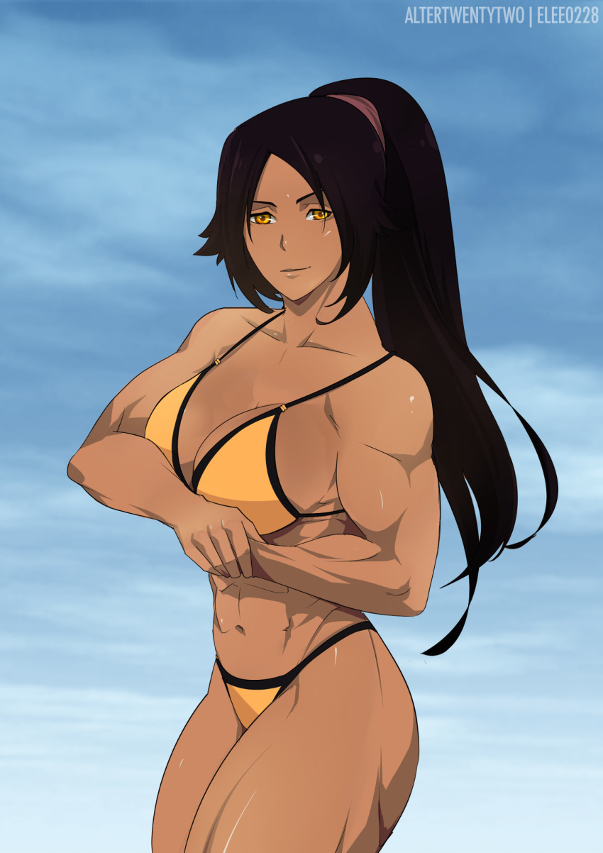 1girls 2016 5_fingers abs alter-22 arms biceps bikini bleach blue_background breasts dark-skinned_female dark_skin elee0228 eyebrows eyelashes female female_only hands human large_breasts long_hair looking_at_viewer muscle muscular_female ponytail pose purple_hair shihouin_yoruichi shiny solo standing tied_hair yellow_eyes