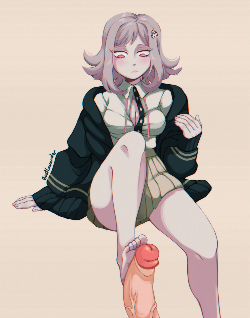 1boy 1girls badlavender barefoot blush breasts center_opening cleavage danganronpa danganronpa_2:_goodbye_despair faceless_male female footjob hair_ornament highres jacket looking_down male miniskirt nanami_chiaki open_clothes open_shirt penis pink_eyes short_hair simple_background skirt smooth_skin solo_focus straight super_danganronpa_2 unbuttoned veins