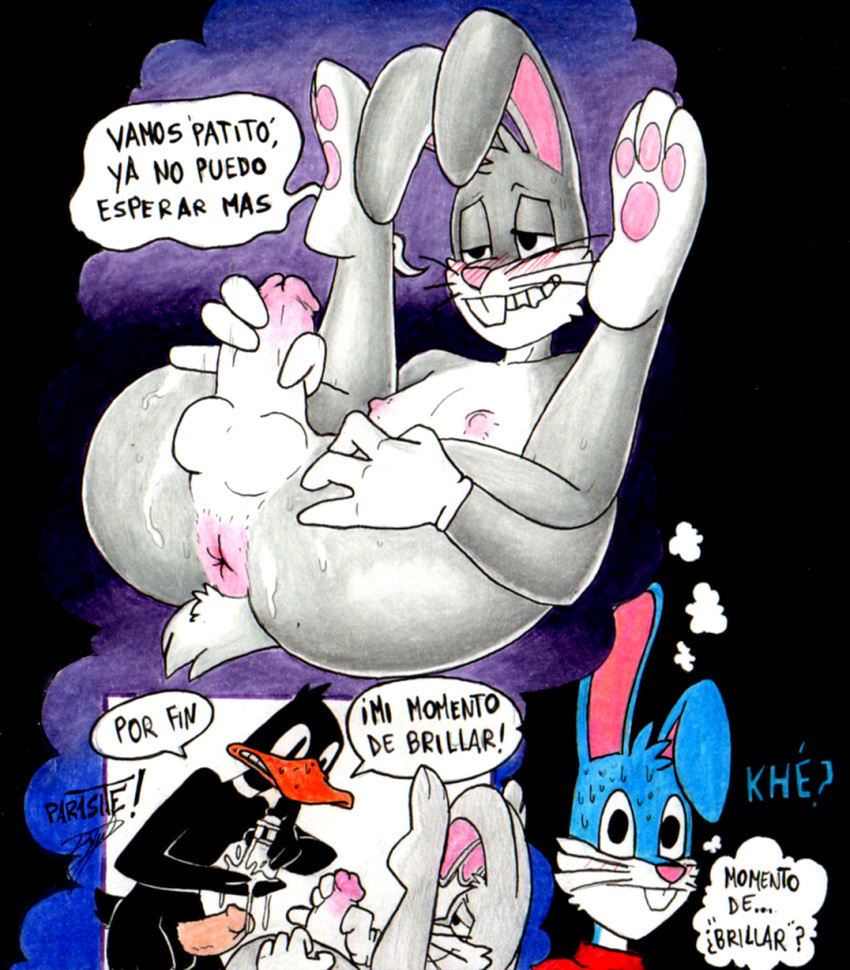 3boys anthro anus ass avian backsack balls beak bird blush buckteeth bugs_bunny buster_bunny daffy_duck duck duo erect_nipples erect_penis erection exposed_anus fur gloves holding_ass holding_penis humanoid_penis imminent_anal imminent_penetration inviting_to_anal inviting_to_sex lagomorph legs_held_open looking_at_viewer looney_tunes lube male mammal nude parasitedeath penis presenting presenting_anus puckered_anus puffy_nipples rabbit short_penis simple_background small_penis smile soft_feathers spanish_text stroking_cock sweatdrop teeth text thick_penis tiny_toon_adventures traditional_media_(artwork) warner_brothers