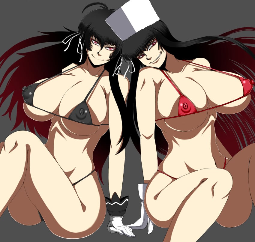 2girls bikini black_hair breasts busty canon_genderswap cleavage crossover dark_hair drifters easy_(drifters) girlycard gloves hat hellsing hellsing_ultimate hikora huge_breasts long_hair multiple_girls nipple_bulge red_eyes rule_63 smile vampire voluptuous