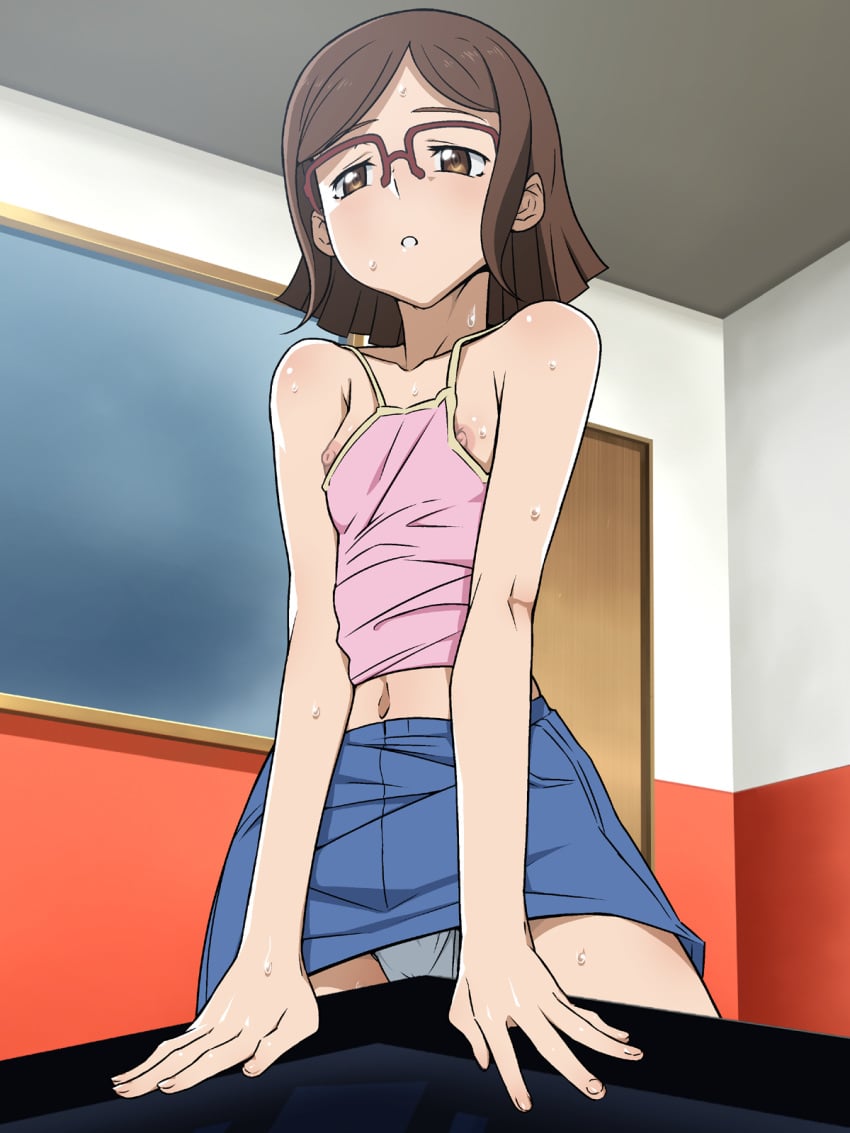 areola_slip areolae bare_arms bare_shoulders blush breasts brown_eyes brown_hair crotch_rub desk door female glasses gundam gundam_build_fighters highres ice_place indoors kousaka_china legs looking_at_viewer midriff navel nipple_slip nipples panties pantyshot pantyshot_(standing) parted_lips pointy_chin red-framed_glasses rubbing short_hair skirt sleeveless small_breasts solo standing sweat table table_humping teenager thighs underwear