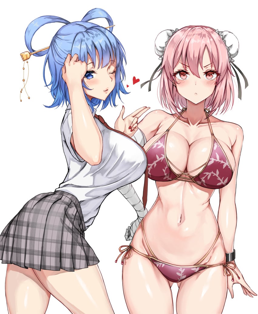 2girls absurdres adapted_costume alternate_costume amagi_(amagi626) ass bandaged_arm bandages bikini blue_eyes blue_hair blush breasts bun_cover cleavage closed_mouth cowboy_shot cuffs double_bun gluteal_fold hair_bun hair_ornament hair_rings hair_stick halterneck highres ibaraki_kasen kaku_seiga large_breasts looking_at_viewer medium_hair multiple_girls navel parted_lips pink_eyes pink_hair shackles side-tie_bikini_bottom sideboob simple_background smile string_bikini swimsuit touhou white_background