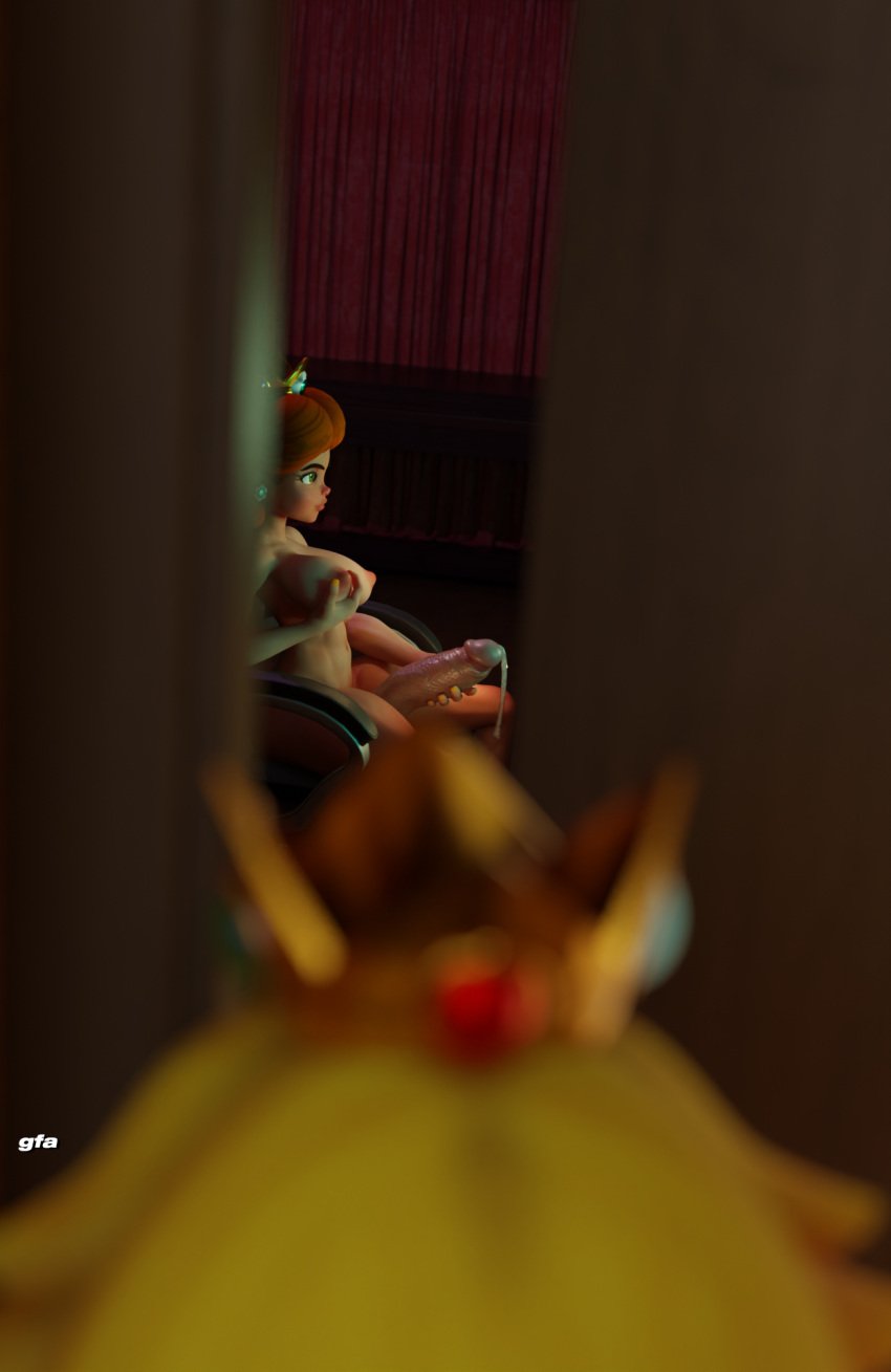 1futa 1girls 2024 3d 3d_(artwork) abs athletic athletic_futanari bedroom big_penis blender blonde_hair blurry breasts brown_hair caught caught_in_the_act computer crown curtains doorway earrings futanari godfistart grabbing_own_breast high-angle_view indoors large_areolae large_breasts large_nipples mario_(series) masturbation monitor multiple_angles nintendo nipple_tweak nipples peeping penis penis_to_the_knees pov precum precum_drip precum_string princess princess_daisy princess_peach sitting thick_penis thick_thighs vein veiny_penis walked_in_on watching watching_porn watermark