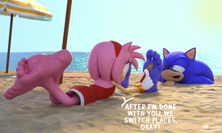 3d 3d_(artwork) 3d_model 5_toes amy_rose anthro barefoot beach buried buried_in_sand dialogue duo feet female foot_fetish foot_focus foot_play hi_res humanoid_feet jony1991 male male/female plantigrade sand seaside sega sonic_(series) sonic_the_hedgehog sonic_the_hedgehog_(series) tickling tickling_feet toes