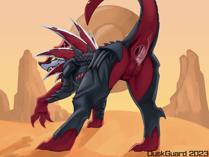 2023 absurd_res anus ass canid canine darkin day demon desert detailed_background digital_media_(artwork) duskguard empty_eyes female feral feral_only gaping gaping_anus genitals hi_res hyper_gape looking_at_viewer looking_back looking_back_at_viewer mammal outside presenting presenting_anus presenting_hindquarters presenting_pussy pussy rock sand solo standing teeth