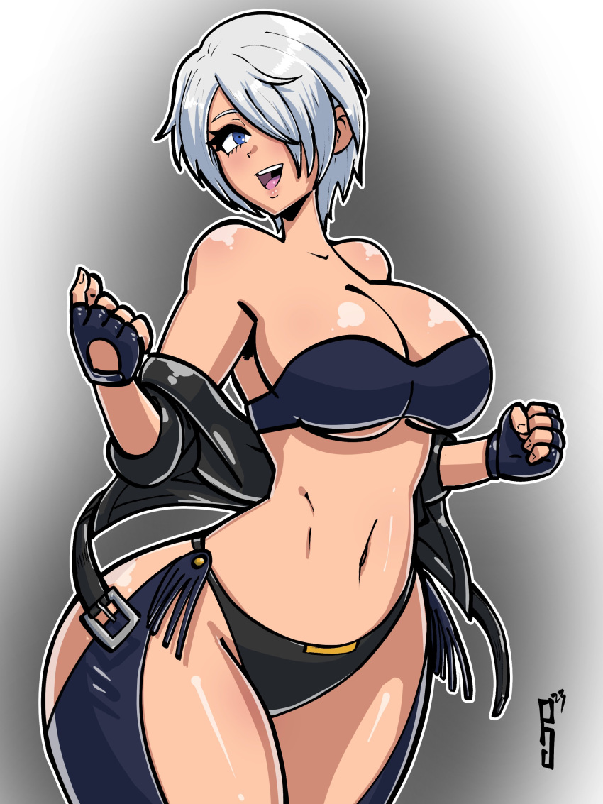 1girls 2024 absurdres angel_(kof) artist_signature blue_eyes breasts cleavage commission crop_top cropped_jacket curvy dated female female_fighter fighter fingerless_gloves gloves hair_over_one_eye highres jacket king_of_fighters king_of_fighters_xv latina leather leather_jacket light-skinned_female light_skin mexican mexican_female midriff short_hair solo solo_female solo_focus terrybrogard thick_thighs voluptuous white_hair