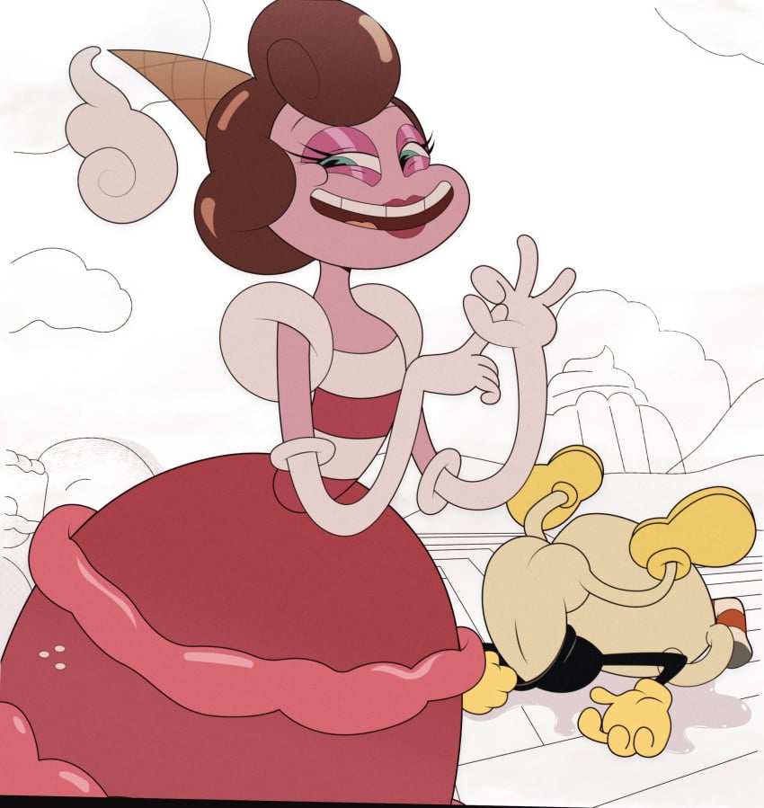 1boy 1girls ass baroness_von_bon_bon big_breasts bottomless breasts candy candy_girl cuphead cuphead_(game) gosgoz half-closed_eyes implied_sex pac-man_eyes pants_removed sex_gesture small_waist smile smiling_at_viewer suggestive_gesture the_cuphead_show tiny_waist