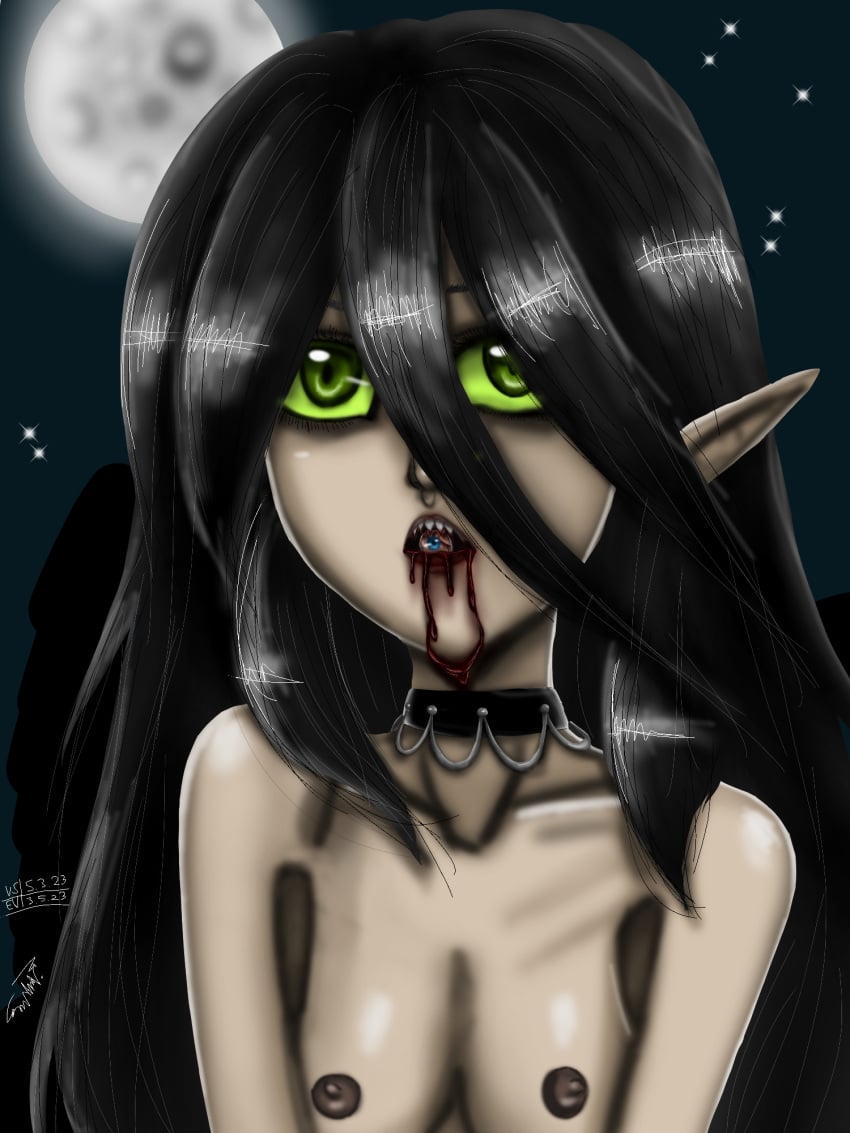 adorable anorexia anorexic black_hair black_lipstick blood collar cute dark_nipples eating eating_food elf_ears gamemerz69 goth goth_girl gothic gothic_girl green_eyes halloween lipstick makeup merasia merasmus moon moonlight my_art pale-skinned_female pale_skin realistic sagging_breasts saggy saggy_breasts scream_fortress self_upload team_fortress_2 witch