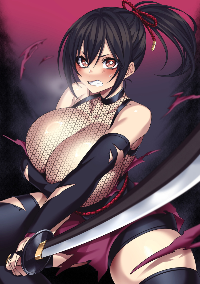 1girls bare_shoulders black_hair blade blush camui_kamui_(hz_666v) cleavage clenched_teeth covering_breasts female female_only highres huge_breasts katana kunoichi light-skinned_female light_skin long_hair ninja original ponytail solo sword thighhighs torn_clothes weapon