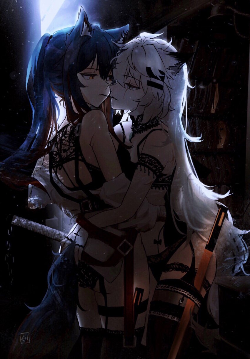 arknights black_hair black_panties black_thigh_strap black_thighhighs bra ear_piercing fingerless_gloves garter_straps gray_eyes hugging imminent_kiss lappland_(arknights) lingerie long_hair panties pocky_kiss ponytail texas_(arknights) thigh_strap weapon weapons white_hair white_jacket wolf_ears wolf_girl wolf_tail yellow_eyes yuri