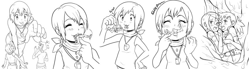 3girls blush clothed cute cute_pred digimon digimon_adventure digimon_adventure_02 digimon_tamers female female_pred female_prey giantess hikari_yagami imminent_digestion inside_stomach inside_view internal_view jitenshasw macro micro monochrome multiple_prey oral_vore rika_nonaka scarf stomach unwilling_prey vore whistle willing_pred