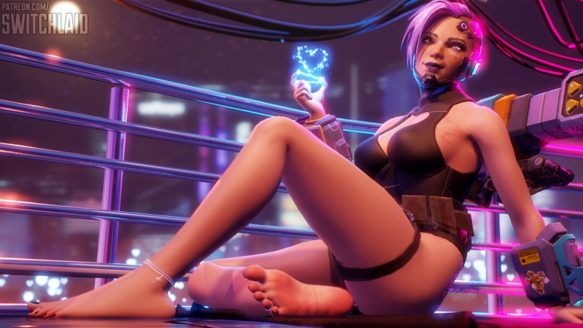 ankle_cuffs anklet apex_legends breasts feet leotard lichtenberg_figure neon_lights pink_hair scar scars switchlaid thighs wattson_(apex_legends)