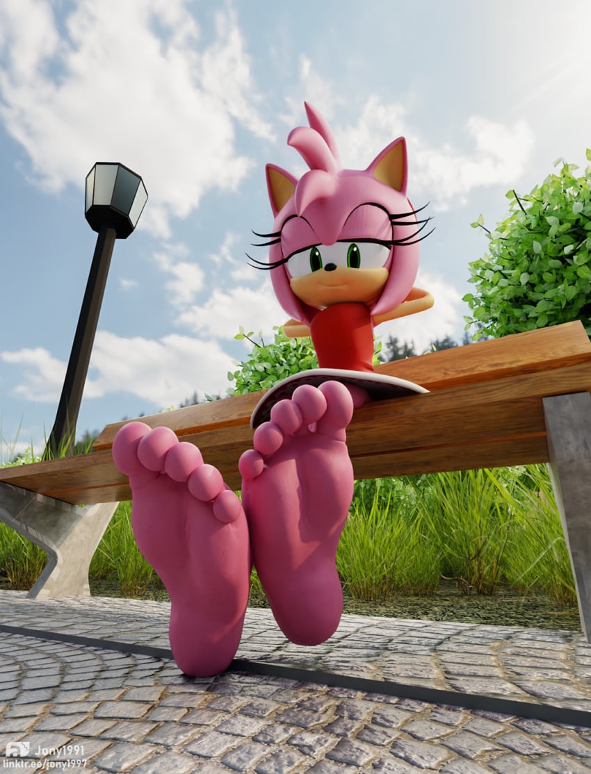 3d 5_toes amy_rose anthro bench feet female foot_fetish foot_focus fully_clothed hi_res humanoid_feet jony1991 low-angle_view no_penetration outside park plantigrade sega soles solo solo_female sonic_(series) sonic_the_hedgehog_(series) toes