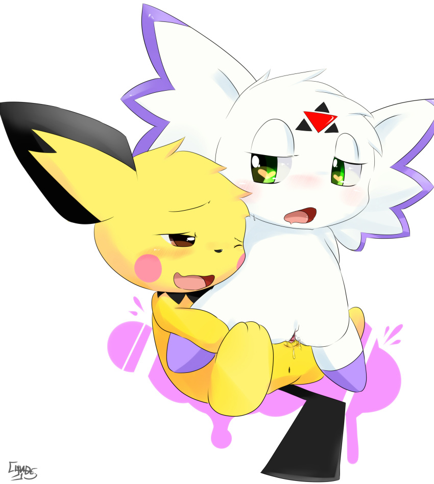 <3_eyes 2girls anus blush clyndemoon crossover culumon digimon digimon_(species) digimon_tamers duo female female_only feral fur furry furry_only green_eyes half-closed_eyes heart hi_res interspecies looking_pleasured mammal nintendo one_eye_closed open_mouth pichu pokémon_(species) pokemon pussy pussy_juice rodent sex simple_background tail tongue tribadism video_games white_background wink yellow_fur yuri