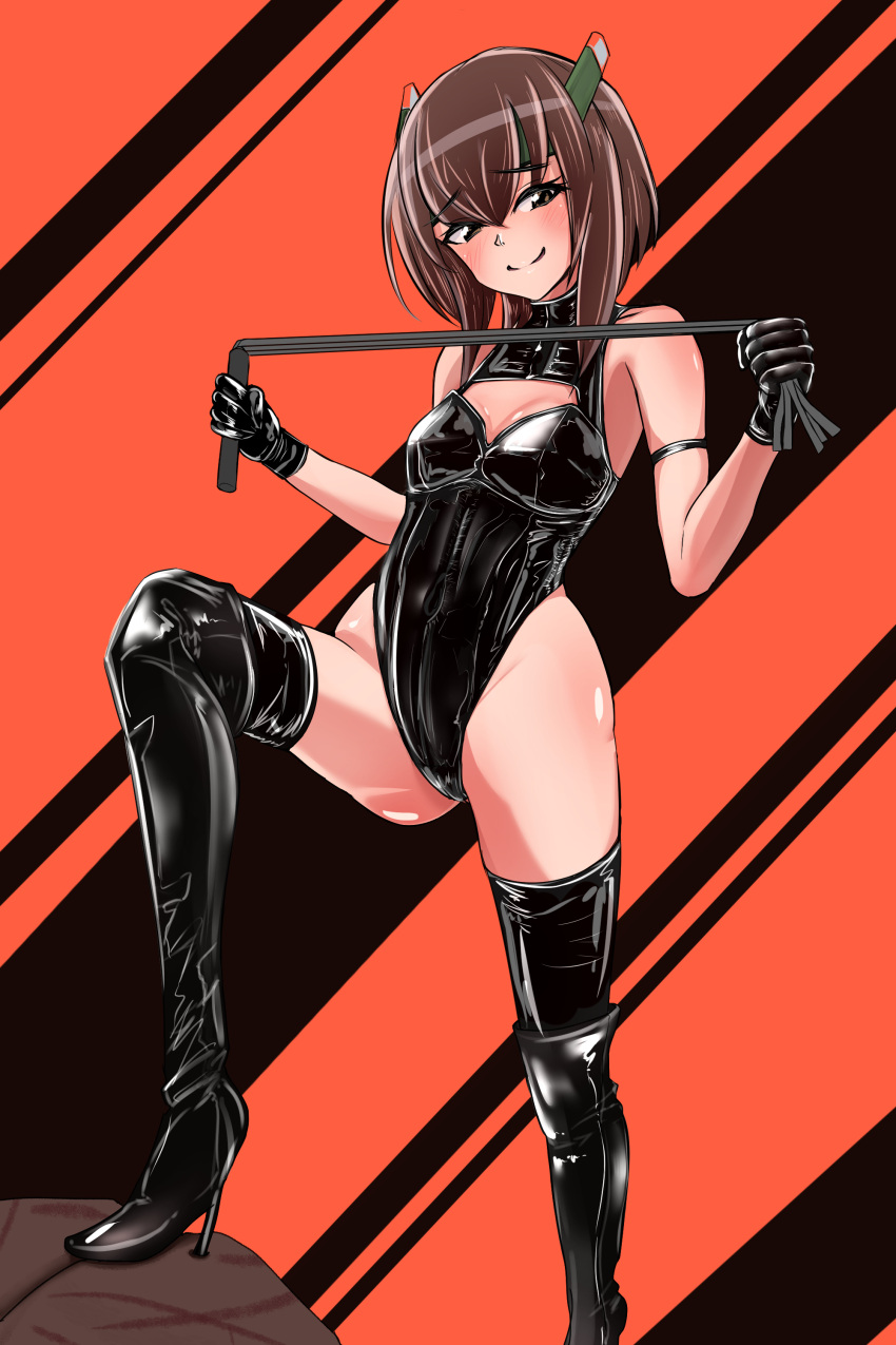 1girls armlet black_leotard breasts brown_eyes brown_hair dominatrix gloves headgear high_heel_boots high_heels holding_whip kantai_collection latex latex_gloves latex_leotard latex_thighhighs leotard looking_at_viewer monte_(koupin) short_hair small_breasts taihou_(kantai_collection) thighhigh_boots tugging_whip whip