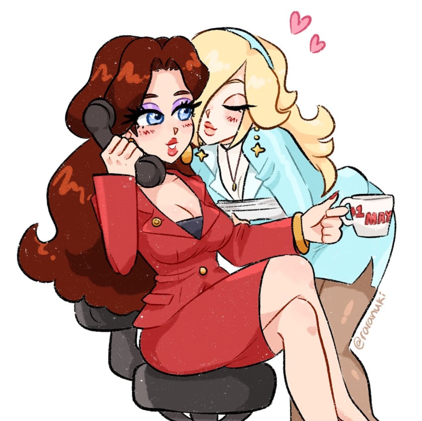 2girls blonde_hair blue_eyes blue_suit breasts brown_hair chair coffee_mug duo earrings female female_only hair_over_one_eye hairband holding_mug holding_paper holding_phone long_hair mario_(series) mayor medium_breasts necklace nintendo office_lady paper pauline pauline_(mario) phone phone_call princess_rosalina raranuki red_suit secretary sitting_on_chair suit swivel_chair tagme yuri