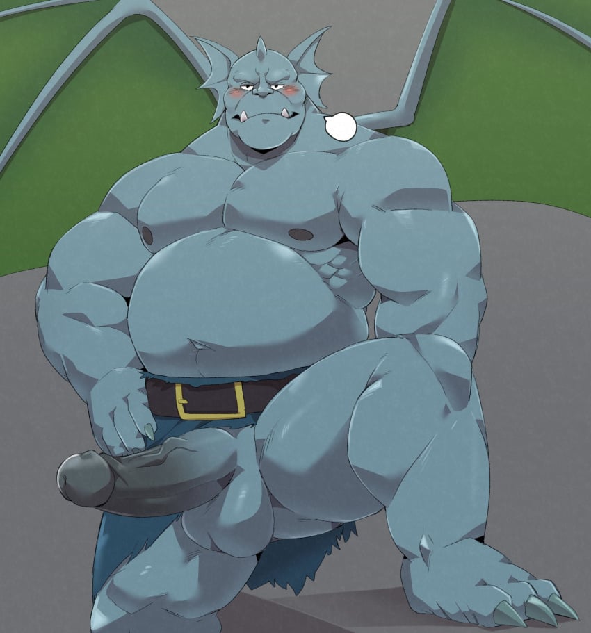 absurd_res anthro balls belly big_belly blue_balls blue_body blush broadway_(gargoyles) disney gargoyle gargoyles genitals glans hi_res humanoid_genitalia humanoid_penis jumperbear male male_only musclegut muscular muscular_anthro muscular_male penis solo vein veiny_penis wings