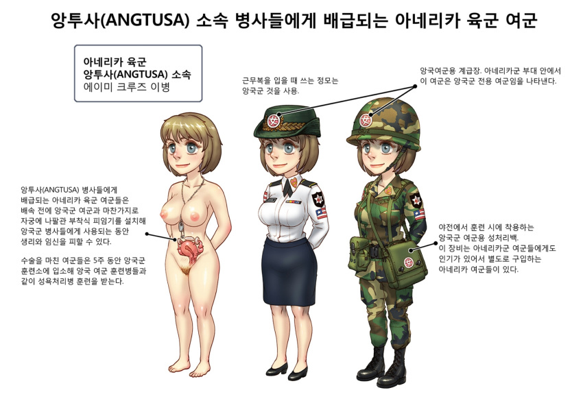 anatomy blonde_hair breasts female female_soldier gogocherry korean_text military_uniform nipples nude sex_slave skirt solo text uniform variations white_background