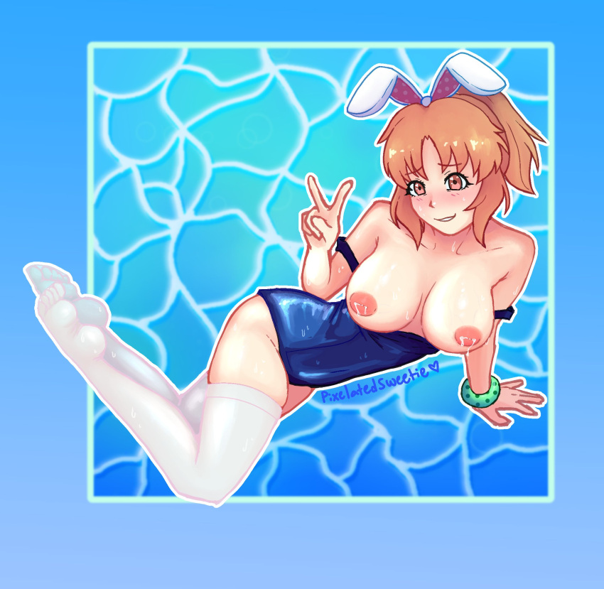 1girls blush brown_eyes brown_hair bunny_ears female female_only inverted_nipples lactation large_breasts milk milk_squirt one-piece_swimsuit one-piece_swimsuit_pull peace_sign pixelatedsweet solo swimsuit swimsuit_down thighhighs topless veiny_breasts