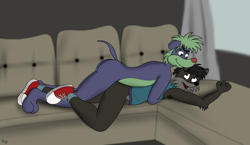 absurd_res anthro armpit_hair ass body_hair canid canine canis clothing cuddling duo embrace footwear furniture hi_res hug lextoondog_(character) lying lying_on_sofa male male/male mammal nude on_sofa rasik shirt shoes sneakers sofa tank_top timmy_(rasik) topwear wolf